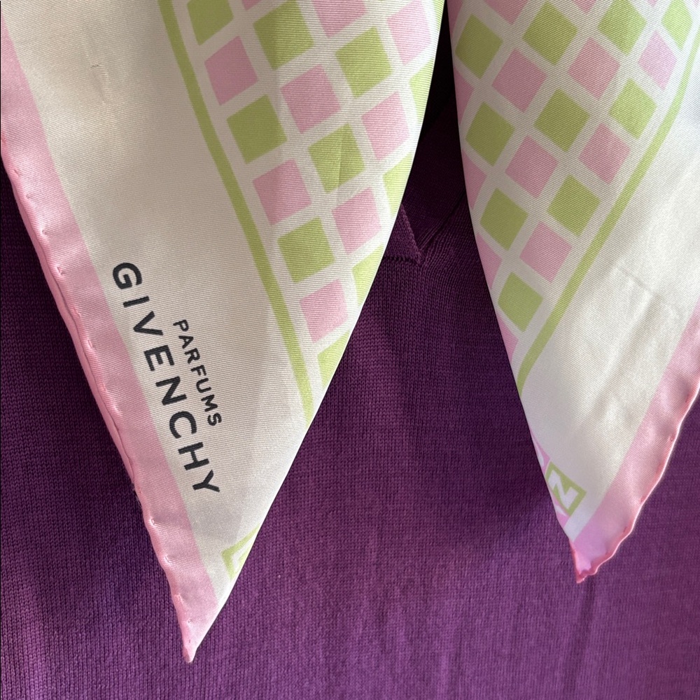 Vintage Givenchy Parfums Silk Square Scarf, Pink and Green, Hand Rolled Edges. - Picture 2 of 6
